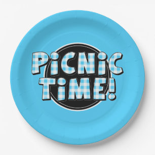 Papierplatte Picnic Time Light Blue Gingham Muster Pappteller