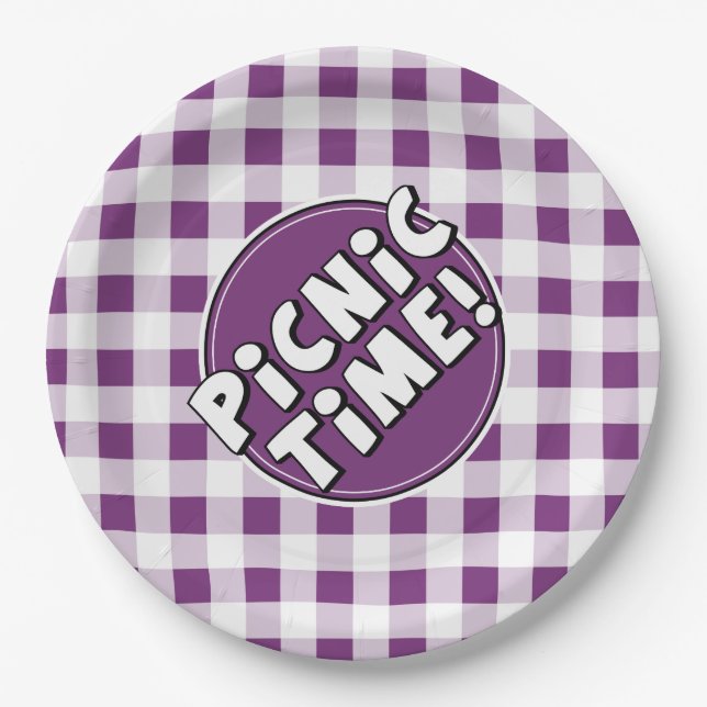 Papierplatte Picnic Time Lila Gingham Muster Pappteller (Vorderseite)