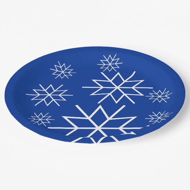 Papierplatte - Weiße Schneeflocken auf blau Pappteller (Schrägansicht)