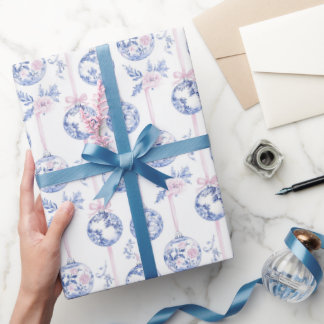 Papiers Cadeaux Noël Ornements Bleu et Rose Élégan