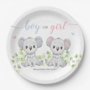 Papiertafel für Koala Gender Reveal Party. Pappteller