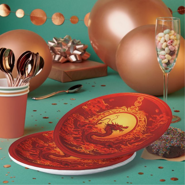 Papiertafel rot mit Drachendesign Pappteller (Multi)