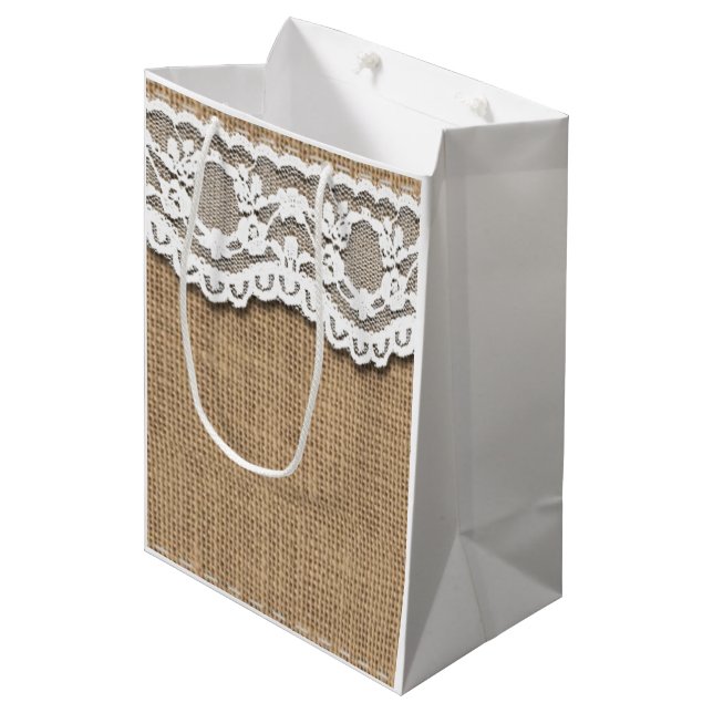 Papiertasche mit rustikalem Bruch- und Spitzeneffe Mittlere Geschenktüte (Vorderseite Schrägansicht)