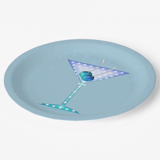 PAPIERTeller, BLAUER MARTINI-ENTWURF Pappteller (Schrägansicht)