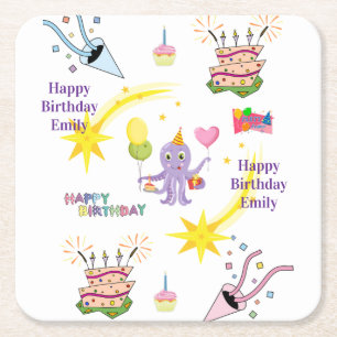 Papierummantelungen Happy Birthday Octopus Cupcake Rechteckiger Pappuntersetzer