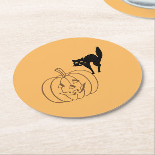 Papieruntersetzer - Kürbis und schwarze Katze Runder Pappuntersetzer