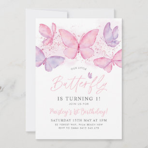 Papillon 1er anniversaire Invitation Pink Purple G