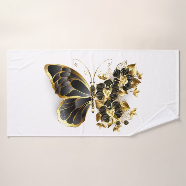 Papillon à fleurs d'or avec orchidée noire (Serviette de bain)