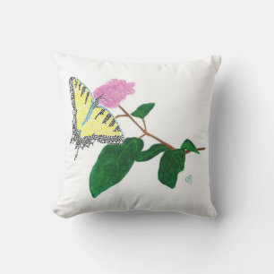 Papillon à queue jaune sur Coussin à fleurs rose