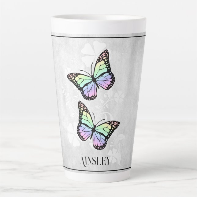 Papillon arc-en-ciel Floral Latte Mug personnalisé (Devant)