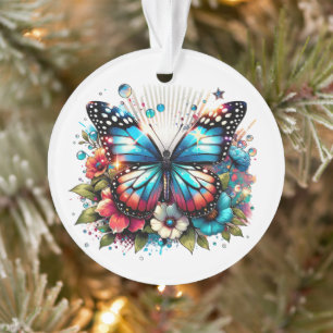 Papillon bleu et fleurs Noël personnalisé
