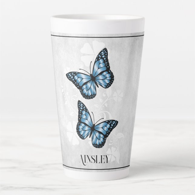 Papillon bleu Floral Latte Mug personnalisé (Devant)