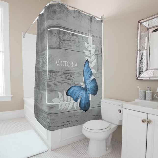 Papillon bleu Rustique rideau de douche personnali (En situation)