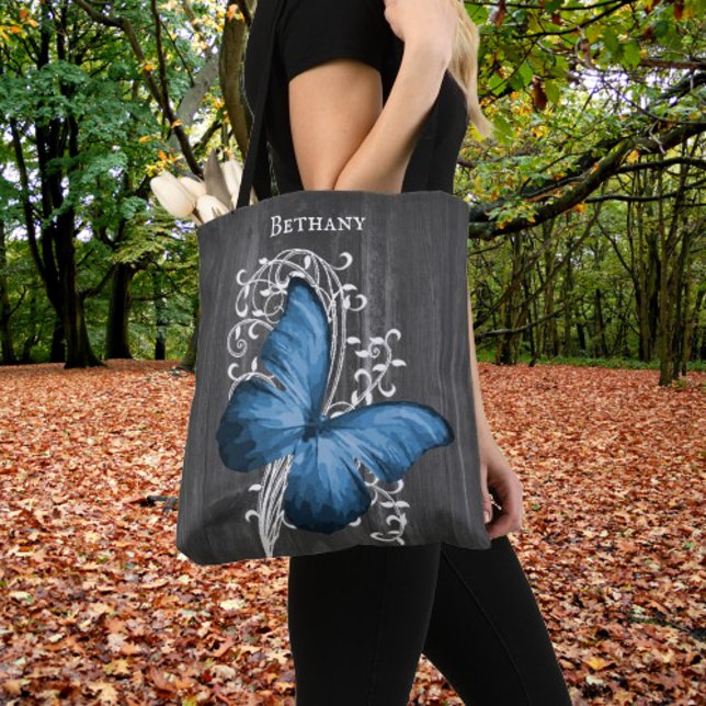 Papillon bleu rustique Sac fourre-tout personnalis (Blue Rustic Butterfly Personalized Tote Bag)