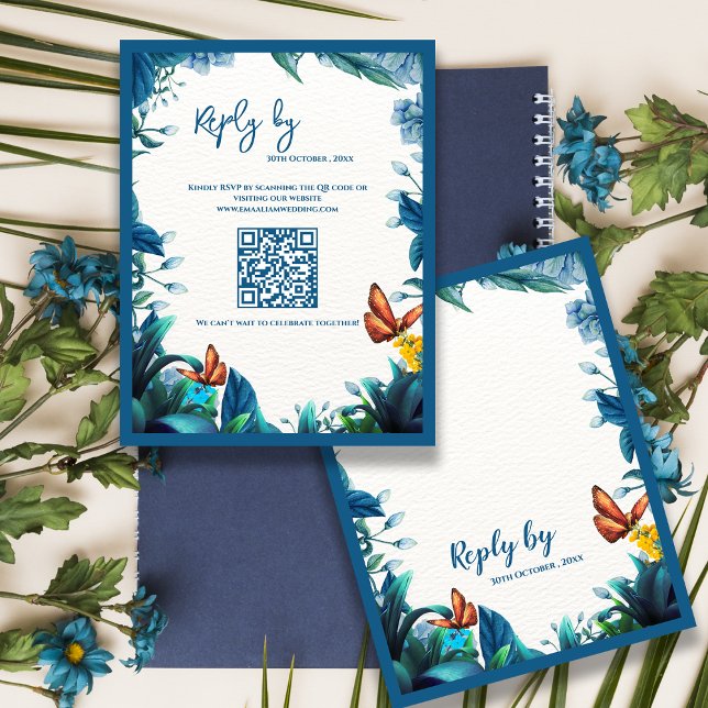 Papillon botanique bleu Code QR de réponse au mari (Blue Botanical Butterfly QR Code Wedding reply By RSVP Card)