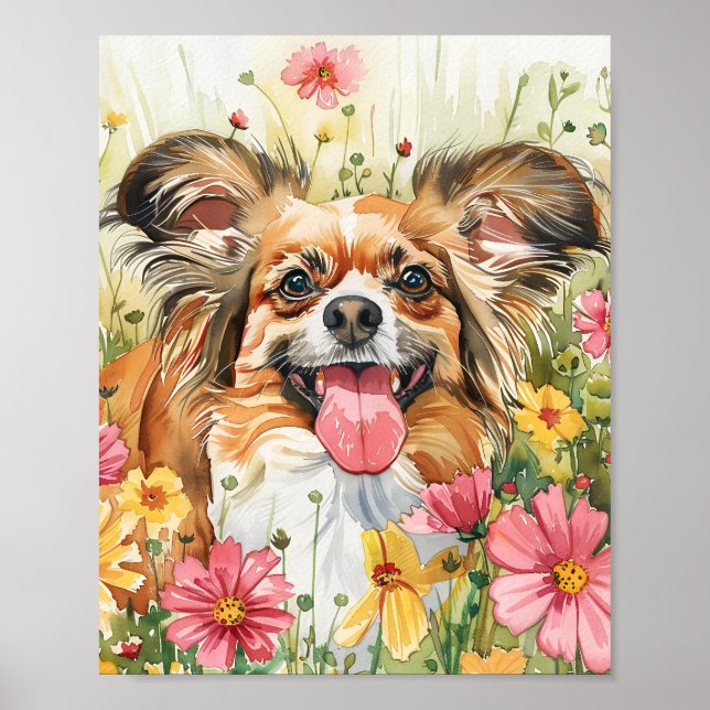 Papillon Chien Aquarelle Poster Cute Toy Breed (Devant)