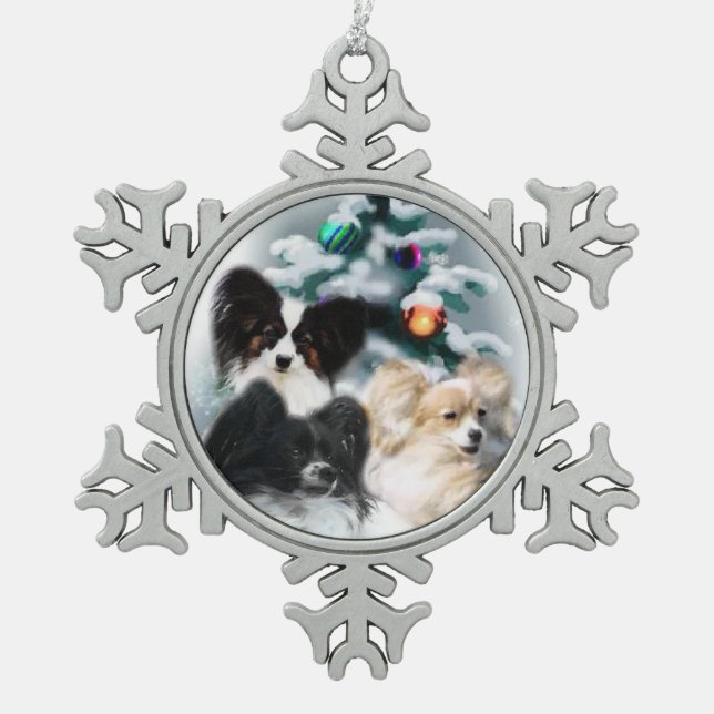 Papillon Christmas Geschenke Schneeflocken Zinn-Ornament (Vorderseite)