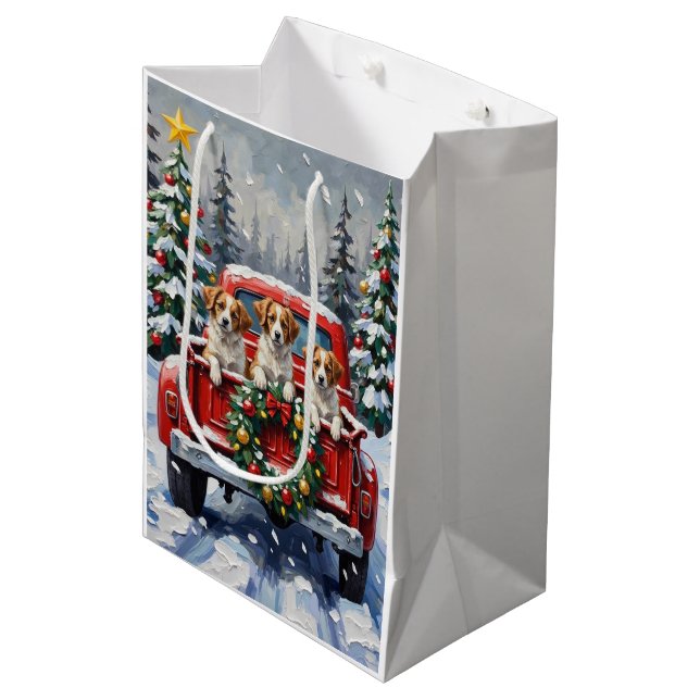 Papillon Christmas Red Truck Holiday Mittlere Geschenktüte (Vorderseite Schrägansicht)