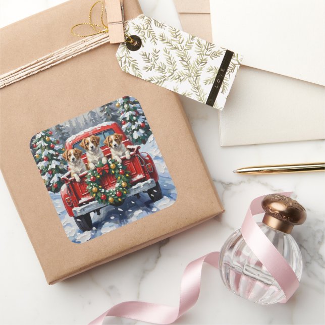 Papillon Christmas Red Truck Holiday Quadratischer Aufkleber (Schenken)