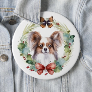 Papillon Christmas Wreath Festive Pup Button
