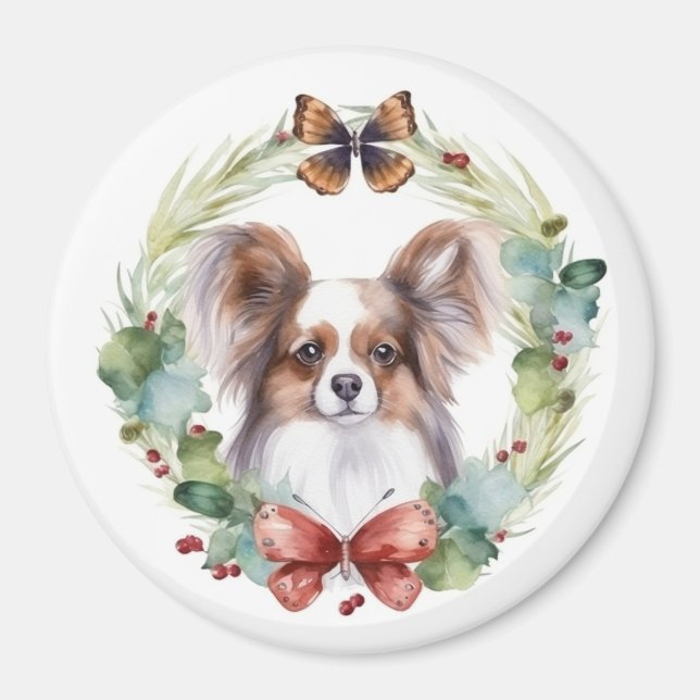 Papillon Christmas Wreath Festive Pup Magnet (Vorne)