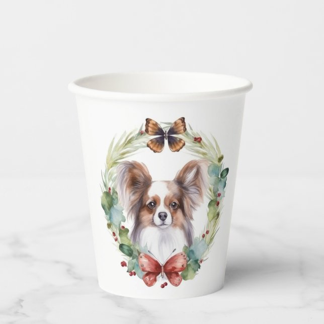Papillon Christmas Wreath Festive Pup Pappbecher (Vorderseite)