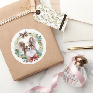 Papillon Christmas Wreath Festive Pup Runder Aufkleber