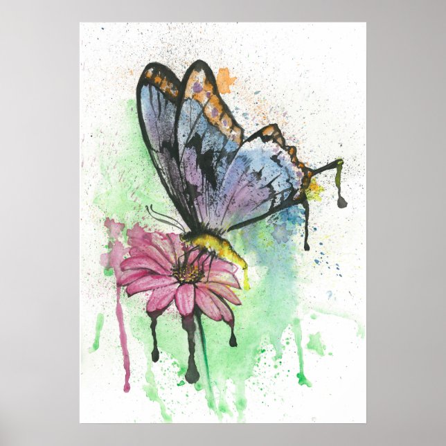 Papillon d'aquarelle sur affiche de fleur margueri (Devant)