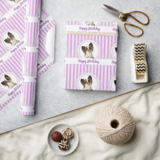 Papillon Dog and Lavender Stripes Happy Birthday Geschenkpapier