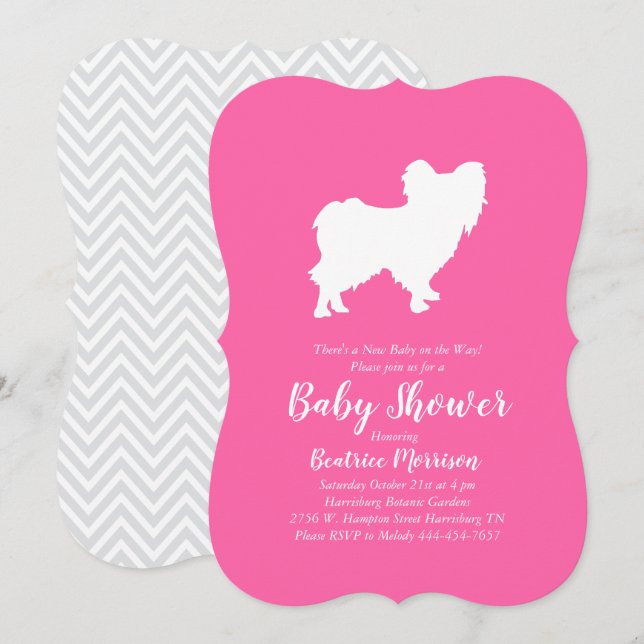 Papillon Dog Baby Shower Pink Girl Einladung (Vorne/Hinten)