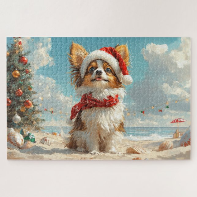 Papillon Dog Christmas Vintag Beach (Horizontal)