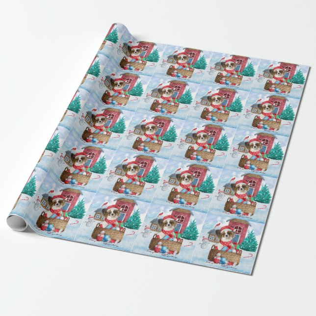 Papillon Dog im Schnee Weihnachtshundehaus Geschenkpapier (Ungerollt)
