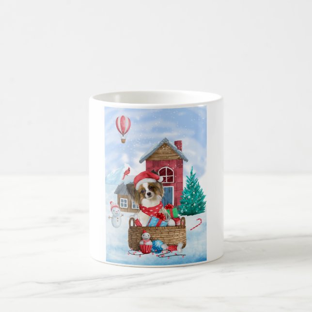 Papillon Dog im Schnee Weihnachtshundehaus Kaffeetasse (Mittel)