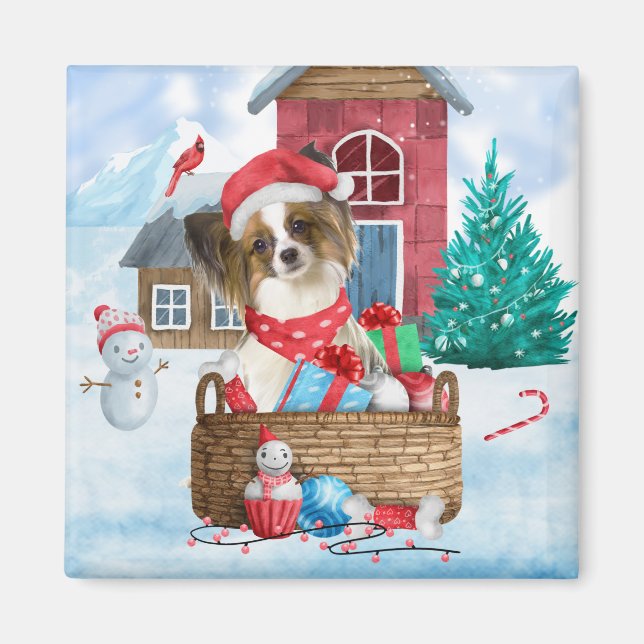 Papillon Dog im Schnee Weihnachtshundehaus Magnet (Vorne)