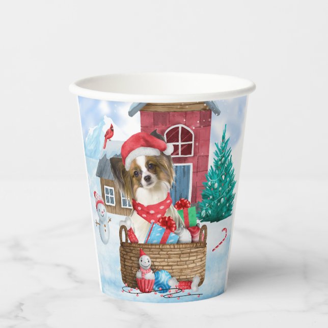 Papillon Dog im Schnee Weihnachtshundehaus Pappbecher (Vorderseite)