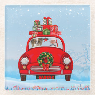 Papillon Dog in Auto mit dem Weihnachtsmann Glasuntersetzer