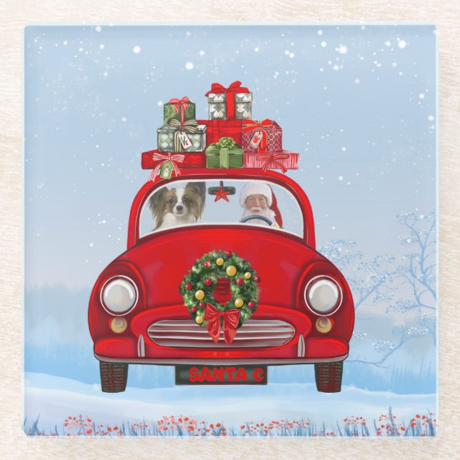 Papillon Dog in Auto mit dem Weihnachtsmann Glasuntersetzer (Vorderseite)