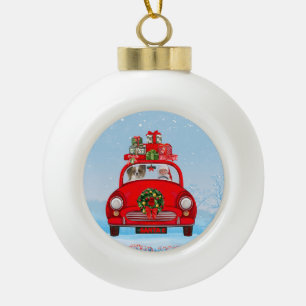 Papillon Dog in Auto mit dem Weihnachtsmann Keramik Kugel-Ornament