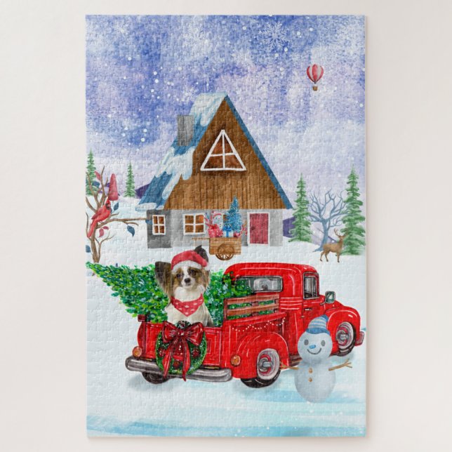 Papillon Dog in Christmas Delivery LKW Schnee (Vertikal)