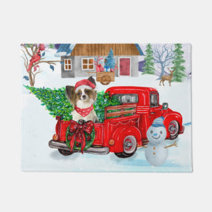 Papillon Dog in Christmas Delivery LKW Schnee Fußmatte