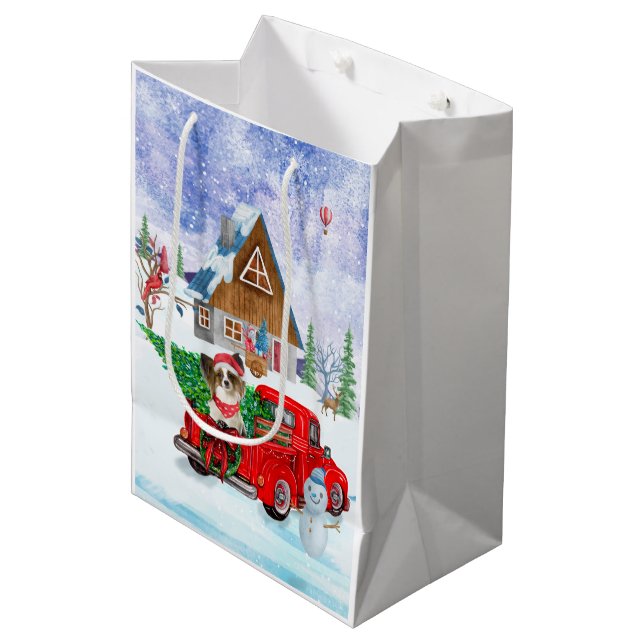 Papillon Dog in Christmas Delivery LKW Schnee Mittlere Geschenktüte (Vorderseite Schrägansicht)
