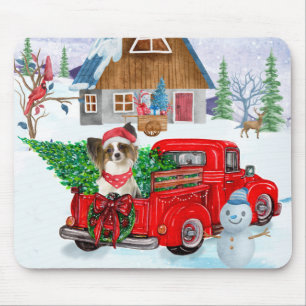 Papillon Dog in Christmas Delivery LKW Schnee Mousepad