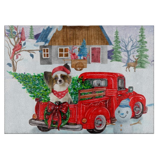 Papillon Dog in Christmas Delivery LKW Schnee Schneidebrett (Vorderseite)