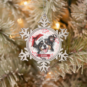 Papillon Dog in der Weihnachtsmannmütze Weihnachts Schneeflocken Zinn-Ornament