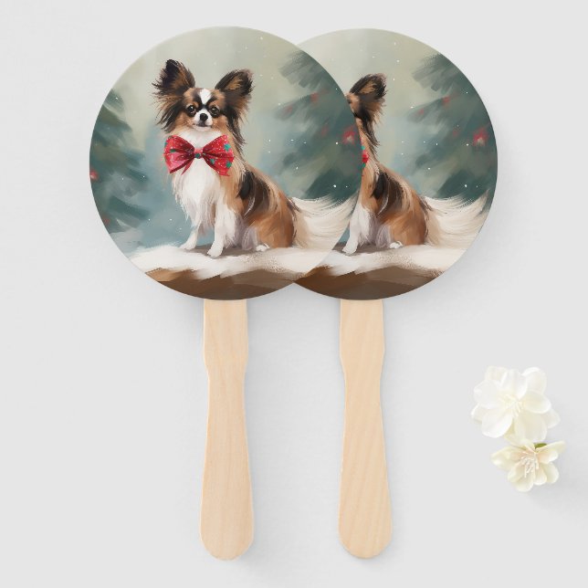 Papillon Dog in Schnee Weihnachten Fächer (Vorne und Hinten)