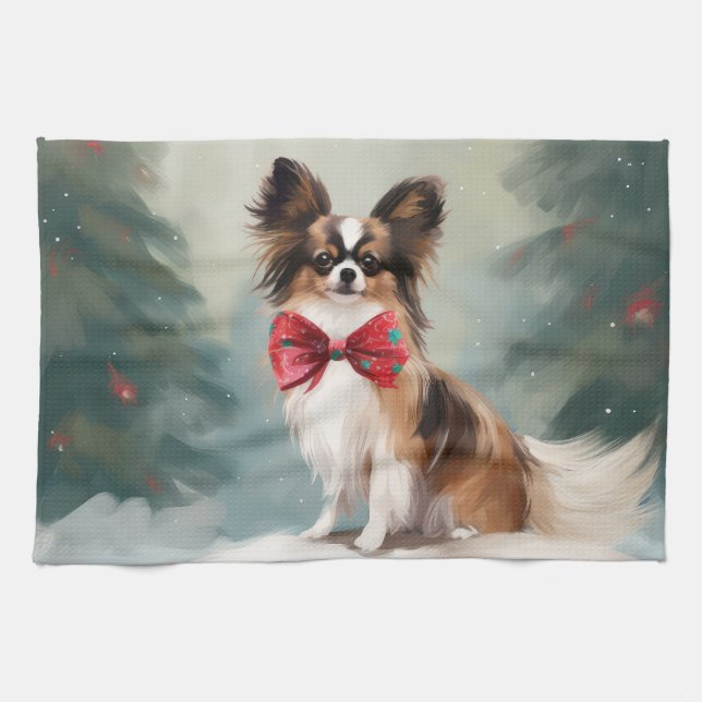 Papillon Dog in Schnee Weihnachten Geschirrtuch (Horizontal)