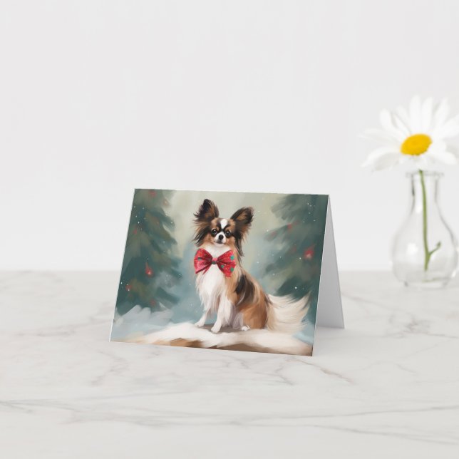Papillon Dog in Schnee Weihnachten Karte (Kleines Gewächs)