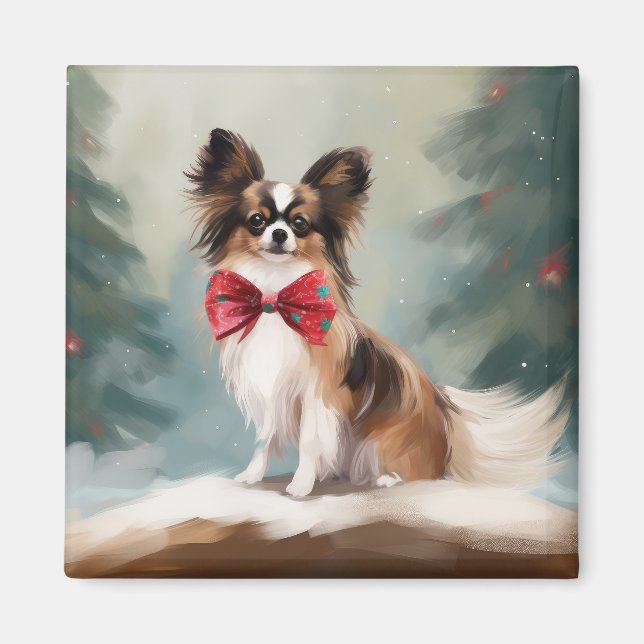 Papillon Dog in Schnee Weihnachten Magnet (Vorne)