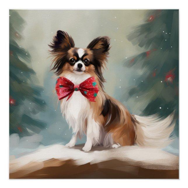 Papillon Dog in Schnee Weihnachten Poster (Vorderseite)