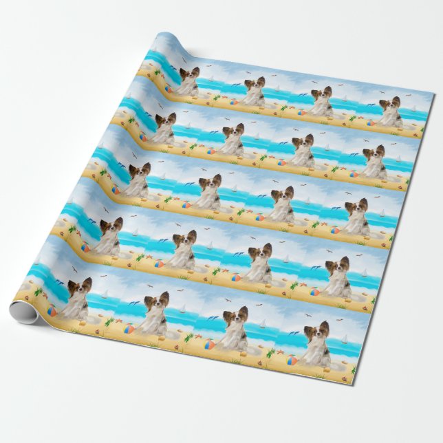 Papillon Dog on Beach Geschenkpapier (Ungerollt)